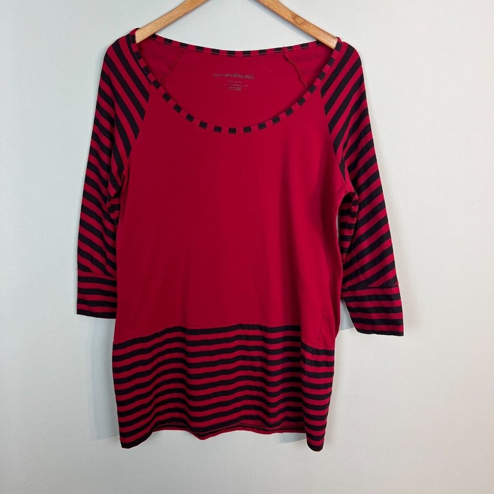 Norma Kamali Tunic Top Womens XL Red Black Stripe 100% Organic Cotton 3/4 Sleeve